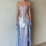 Vestido largo sexy con lentejuelas transparentes y volantes.