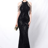 Vestido de noche largo sirena con lentejuelas y espalda abierta