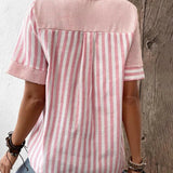 Blusa de mujer - Algodón ligero - Cuello en V redondo con abertura - Mangas cortas - Estilo casual