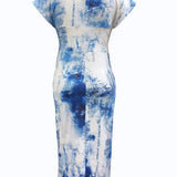 Vestido midi de mujer - Denim patchwork ajustado - Mangas cortas - Cuello en V elegante