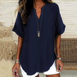 Blusa de mujer – Corte holgado – Mangas cortas – Cuello en pico – Fibras naturales