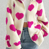 Abrigo extragrande con cremallera, mangas largas y estampado de corazones esponjosos