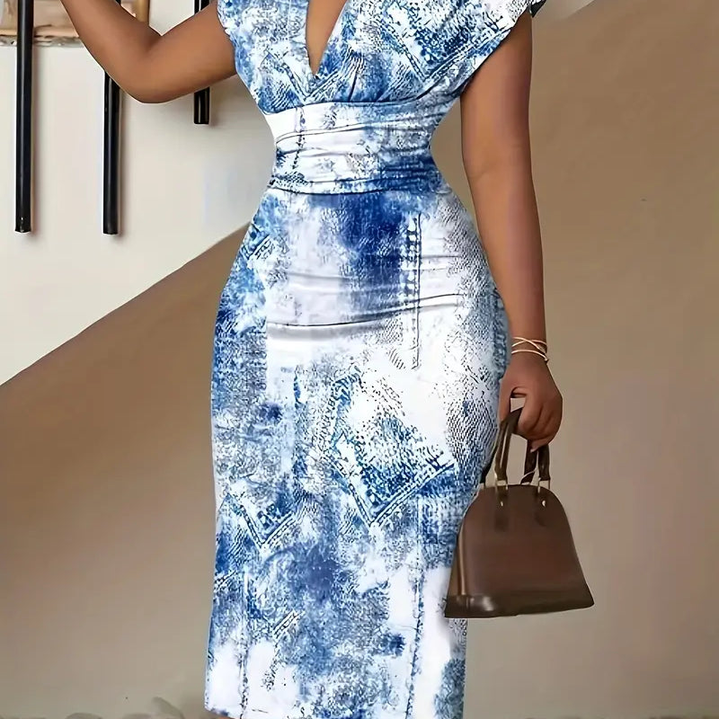 Vestido midi de mujer - Denim patchwork ajustado - Mangas cortas - Cuello en V elegante