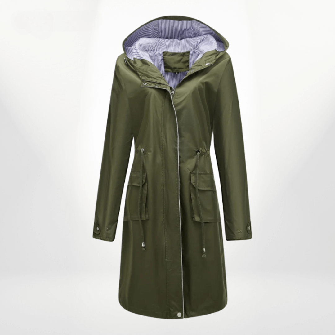 Gabardina de mujer – Impermeable largo – Capucha – Cintura ajustable – Bolsillos con solapa