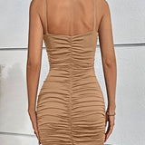 Vestido mini ajustado para mujer - Cuello en V - Sin mangas - Tirantes finos - Detalle fruncido