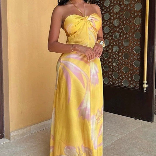 Vestido de playa largo estampado, sin tirantes ni espalda descubierta
