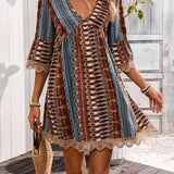Vestido bohemio para mujer - Corto y fluido - Cuello en V - Estampado étnico - Mangas de encaje 3/4