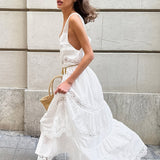 Vestido largo holgado con volantes y patchwork de encaje bohemio