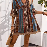 Vestido bohemio para mujer - Corto y fluido - Cuello en V - Estampado étnico - Mangas de encaje 3/4