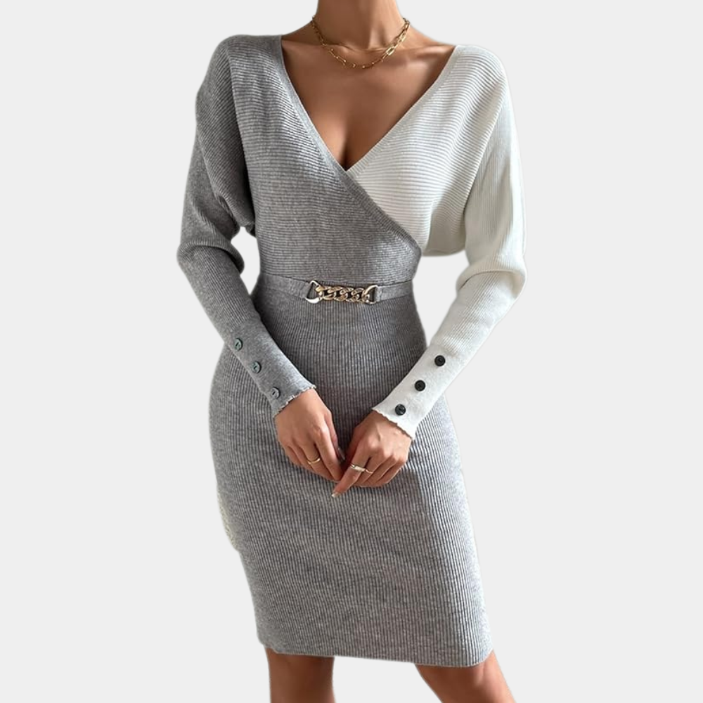 Vestido de suéter para mujer - Corte ajustado - Cuello en V cruzado - Mangas largas abotonadas