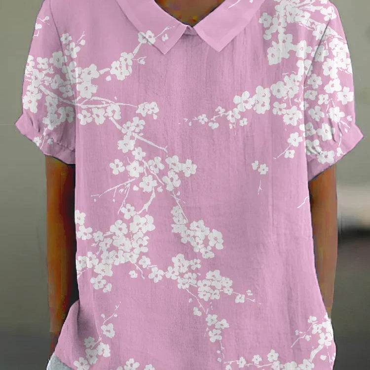 Blusa de mujer - Estampado floral - Corte holgado - Mangas cortas - Cuello clásico