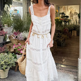 Vestido largo holgado con volantes y patchwork de encaje bohemio