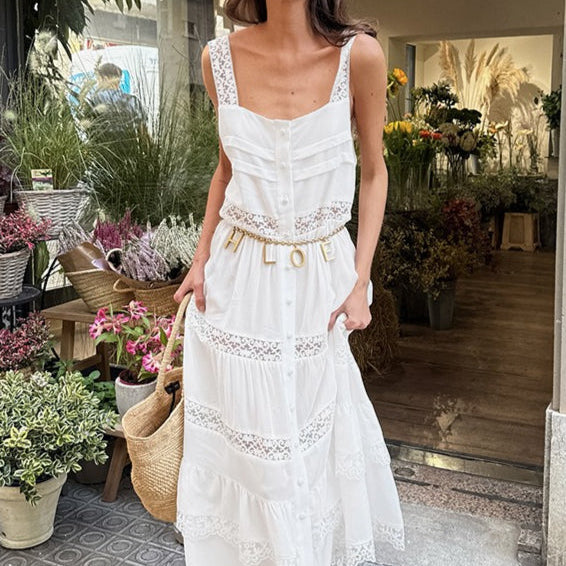 Vestido largo holgado con volantes y patchwork de encaje bohemio