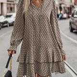 Vestido de mujer - Mangas largas - Corte holgado - Cuello en V - Elegante dobladillo con volantes