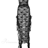 Elegante vestido sin tirantes de encaje negro con lazo floral y abertura.
