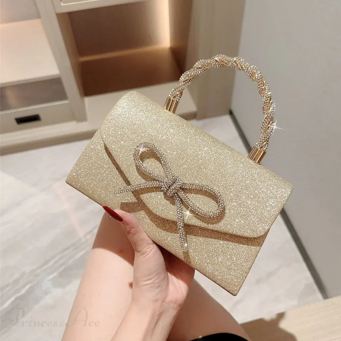 Clutch con cadena y lazo de diamantes estilo europeo y americano