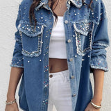 Abrigo largo en denim en contraste con perlas