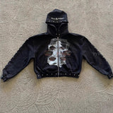 Sudadera con capucha y estampado de diamantes de imitación estilo streetwear