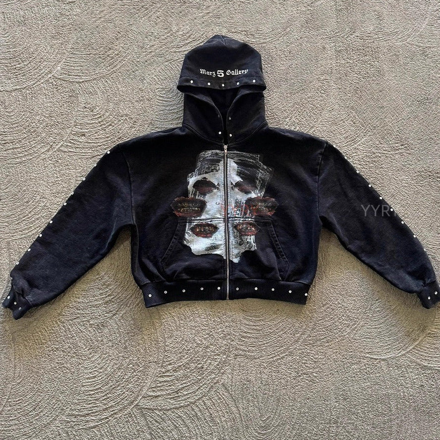 Sudadera con capucha y estampado de diamantes de imitación estilo streetwear