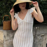 Vestido largo de punto estilo campestre con escote en pico y volantes franceses