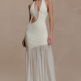 Vestido maxi ajustado asimétrico con aberturas y frunces en la espalda