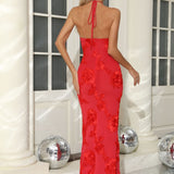 Vestido de noche sexy ajustado con espalda abierta y bordado floral 3D