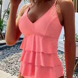 Traje de baño tankini para mujer - Tirantes finos - Volantes en capas - Corte favorecedor