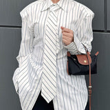 Blusa elegante de rayas con hombreras, estilo lazo y blusa elegante.