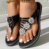 Sandalias de mujer – Diseño de múltiples tiras – Elegante decoración floral – Suela plana cómoda