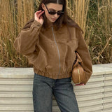 Chaqueta casual vintage de ante con cremallera frontal