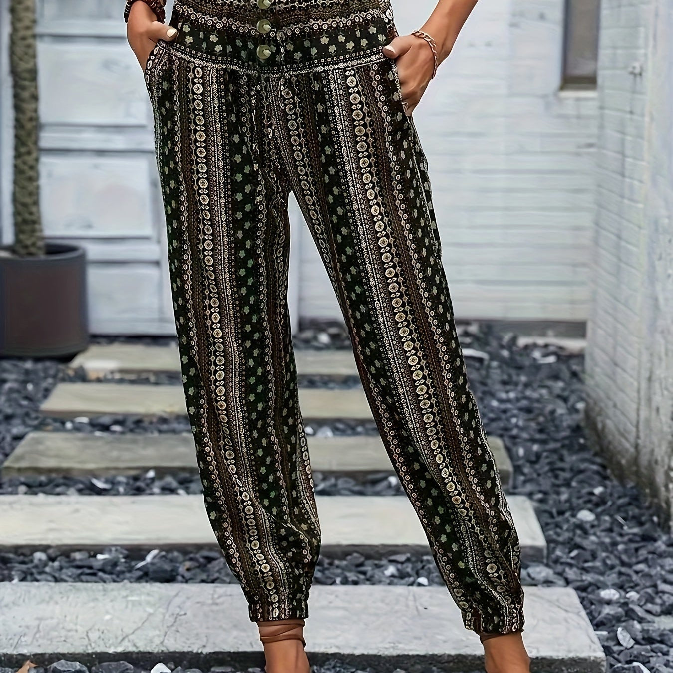 Pantalones de mujer - Tejido ligero - Cintura alta fruncida - Vueltas elásticas