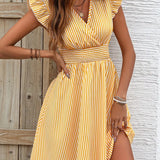 Vestido de mujer - Escote cruzado - Mangas con volantes - Cintura ajustada - Falda acampanada