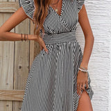 Vestido de mujer - Escote cruzado - Mangas con volantes - Cintura ajustada - Falda acampanada