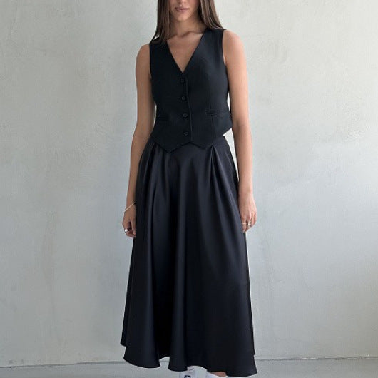 Falda larga de mujer – Satén fluido – Cintura alta – Elegante corte acampanado