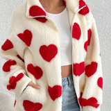 Abrigo extragrande con cremallera, mangas largas y estampado de corazones esponjosos