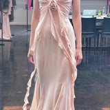 Vestido largo sin espalda con tirantes finos y estampado rosa 3D