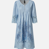 Vestido de mujer - Estilo bohemio - Largo midi - Mangas 3/4 con ribete de encaje - Escote en pico abotonado - Bordado