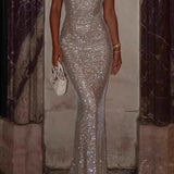 Vestido largo con lentejuelas y diamantes, estilo bodycon