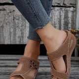 Sandalias de cuña para mujer - Piel perforada - Comodidad y amortiguación - Diseño floral abierto