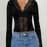 Blusa tipo cárdigan con volantes y estampado de leopardo con inserciones de encaje