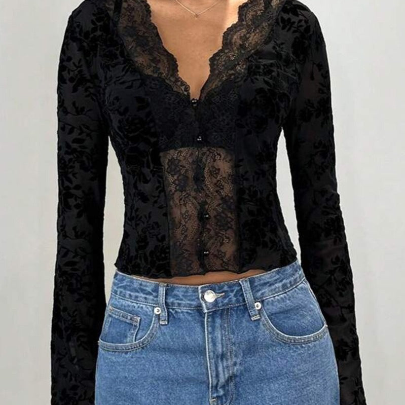 Blusa tipo cárdigan con volantes y estampado de leopardo con inserciones de encaje