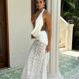 Vestido largo fruncido con espalda descubierta y estampado floral en 3D