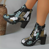 Botines de mujer - Tacón cuadrado - Cordones y cremallera lateral - Estampado artístico de moda
