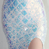 Vestido largo con abertura y lentejuelas iridiscentes