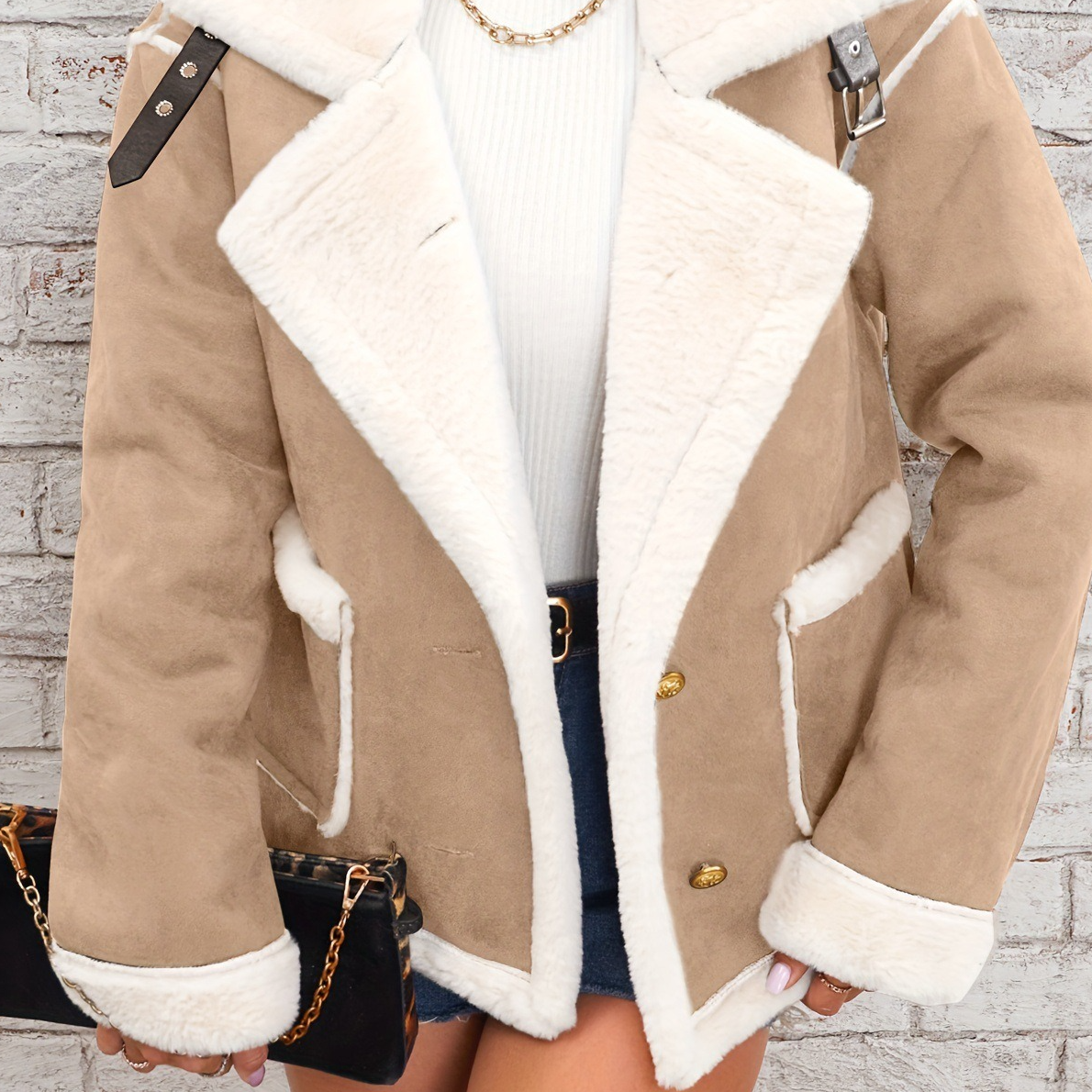 Abrigo de invierno de felpa cálido e informal con cuello.