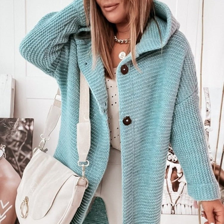 Cárdigan de mujer – Corte holgado – Lana de punto – Con capucha – Largo hasta la mitad del muslo