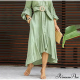 Camisa con volantes de moda para mujer, cuello en V informal, mangas farol, bolsillo, falda larga, vestido midi de primavera para mujer.