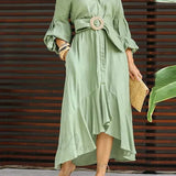 Camisa con volantes de moda para mujer, cuello en V informal, mangas farol, bolsillo, falda larga, vestido midi de primavera para mujer.
