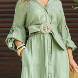 Camisa con volantes de moda para mujer, cuello en V informal, mangas farol, bolsillo, falda larga, vestido midi de primavera para mujer.