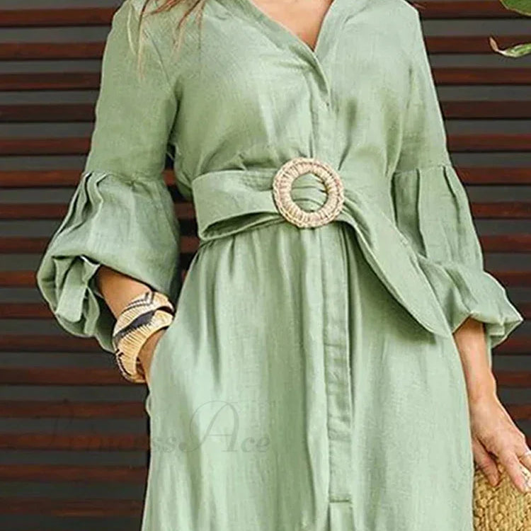 Camisa con volantes de moda para mujer, cuello en V informal, mangas farol, bolsillo, falda larga, vestido midi de primavera para mujer.